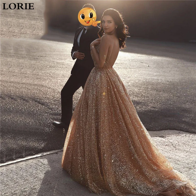 

LORIE Boho Wedding Dresses 2019 A Line Glitter Princess Bride Dress Wedding Gowns Champagne Spaghetti Straps vestidos de novia