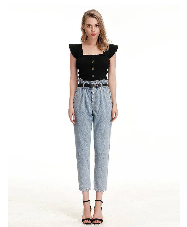 Jeans daily ruffled high waist loose fit casual pants straight-leg jeans casual loose high stretch large size baggy jeans