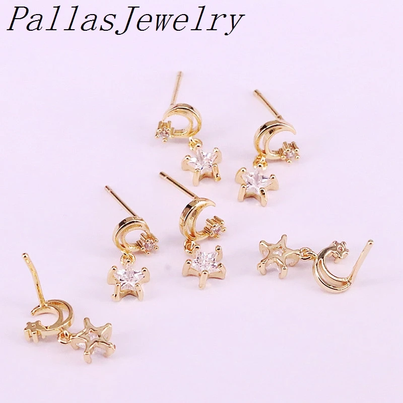 10 пар прозрачных CZ микро проложить очарование Луна Звезда Серьги Мода Золото Простой кубический цирконий шпильки
