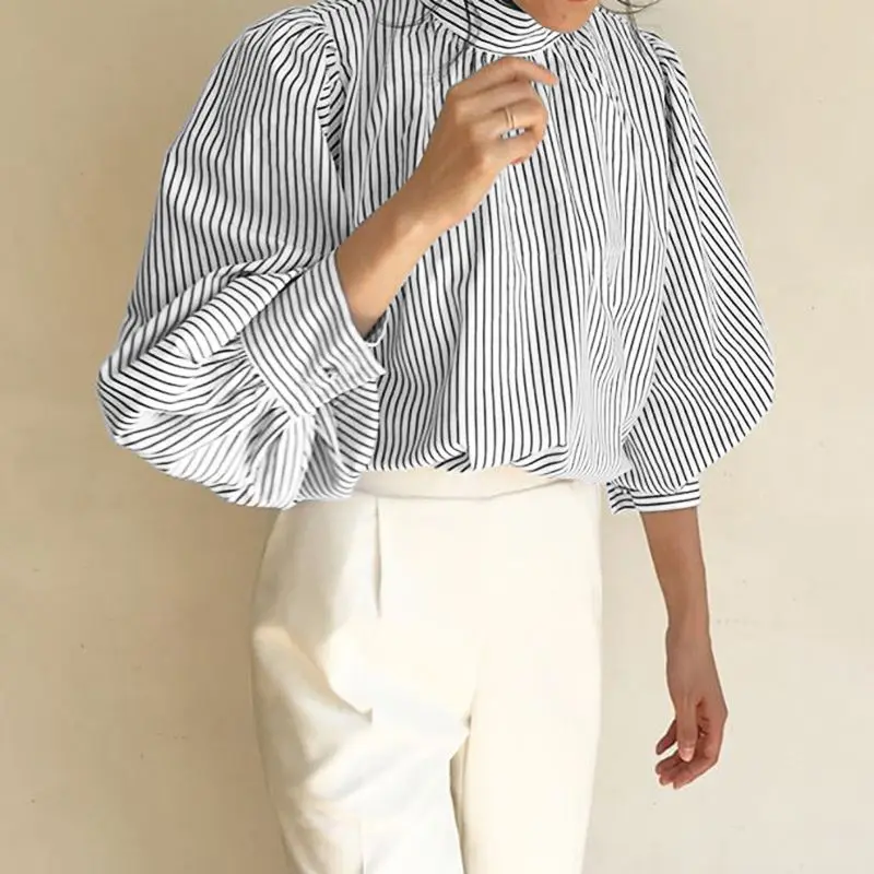 Celmia, женская элегантная офисная блуза, модные полосатые офисные рубашки для девушек, Осенние Летние повседневные свободные винтажные Блузы топа размера плюс - Цвет: Черный