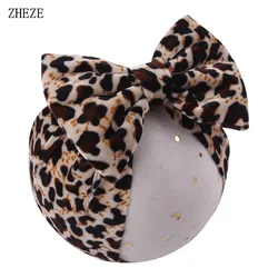 5''Leopard Hair Bow Baby Turbans Animal Print Soft Velvet Children Head Wrap Fashion Headband With Protect Ears Hair Accessories