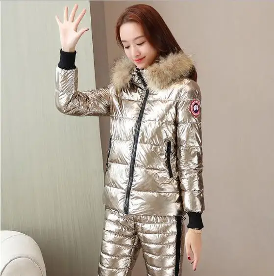 Warm vrouwen nieuwe winter korte haar kraag veer katoen broek temperament slim katoenen broek twee stuk pak