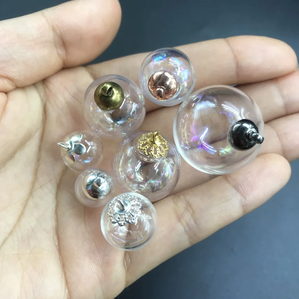 6/8/10/12/14/16/18/20/25mm Mini hollow rainbow glass ball with beads cap set orb vials pendant bottle globe jewelry | Дом и сад