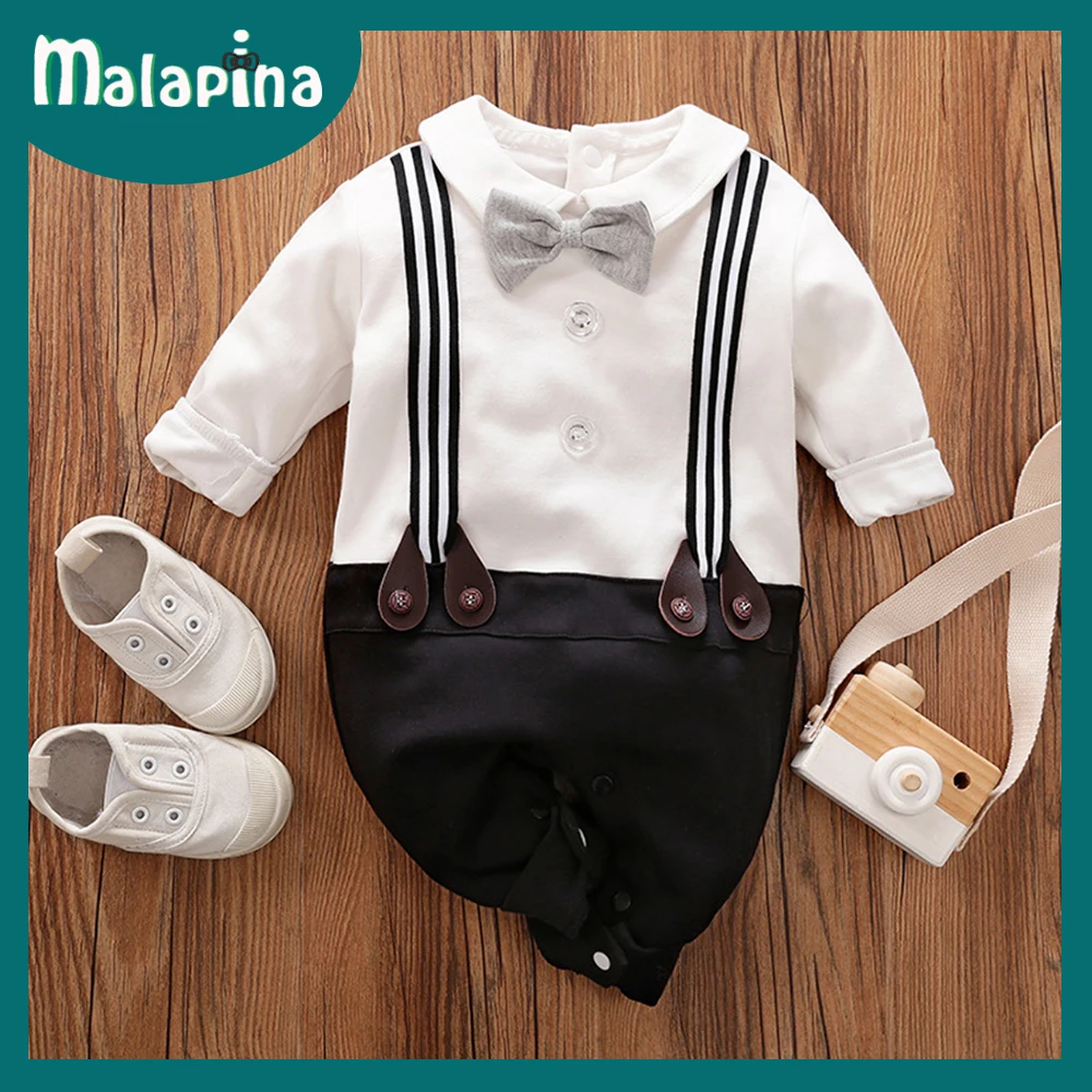 Cotton baby suit Malapina Newborn Baby Boy Rompers Summer Clothes Infant Short Sleeve Jumpsuit Overalls Outfit with Bow Tie Toddler Girl Clothing black baby bodysuits	 Baby Rompers