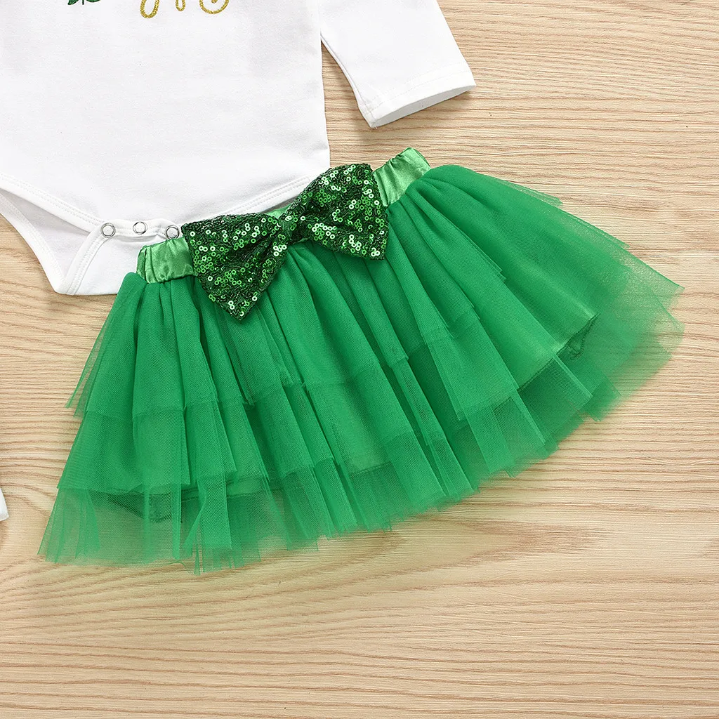 Одежда для новорожденных девочек Комбинезон с надписью «My First St. Patrick's Day»+ кружевная юбка-пачка+ гетры+ повязка на голову