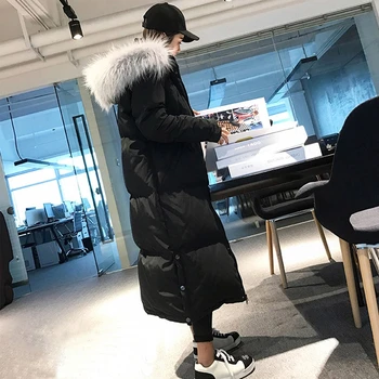 

new winter female fur collar students loose thickened knee down cotton Korean version of the ultra long black female cotton suit