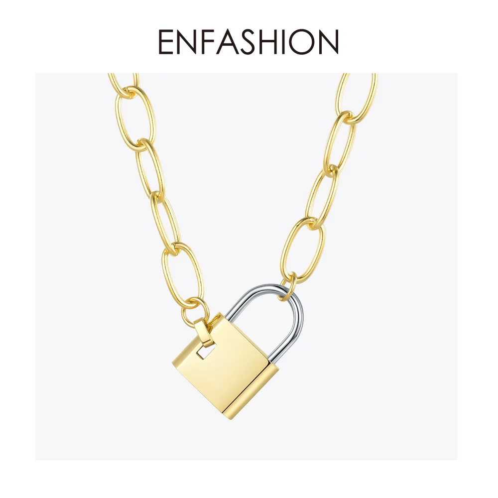 ENFASHION, большая цепочка с замком, колье, ожерелье для женщин, золотой цвет, нержавеющая сталь, женское ожерелье с подвеской, модное ювелирное изделие P193040