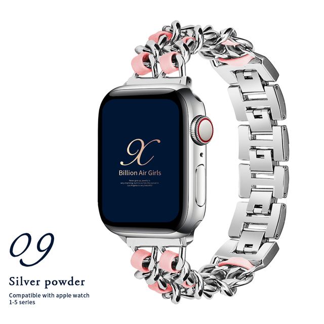 for Apple Watch6 5 4 40mm 44mm Watchband Stainless Steel Chain With Leather Bracelet Strap  for iwatch Series3 2 738mm 42mm