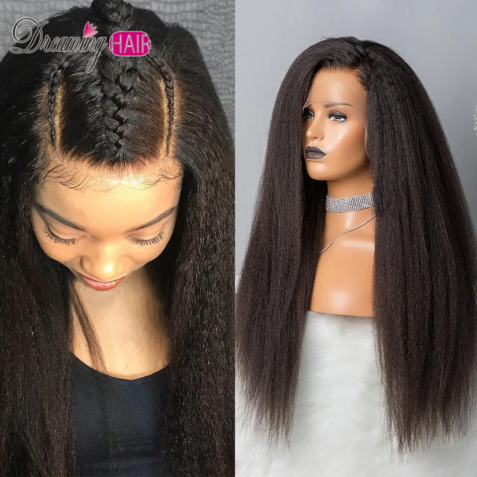 

Invisible 13X6 Deep Part Kinky Straight Lace Front Human Hair Wigs For Women Preplucked Brazilian Remy Hair Closure Wig Black