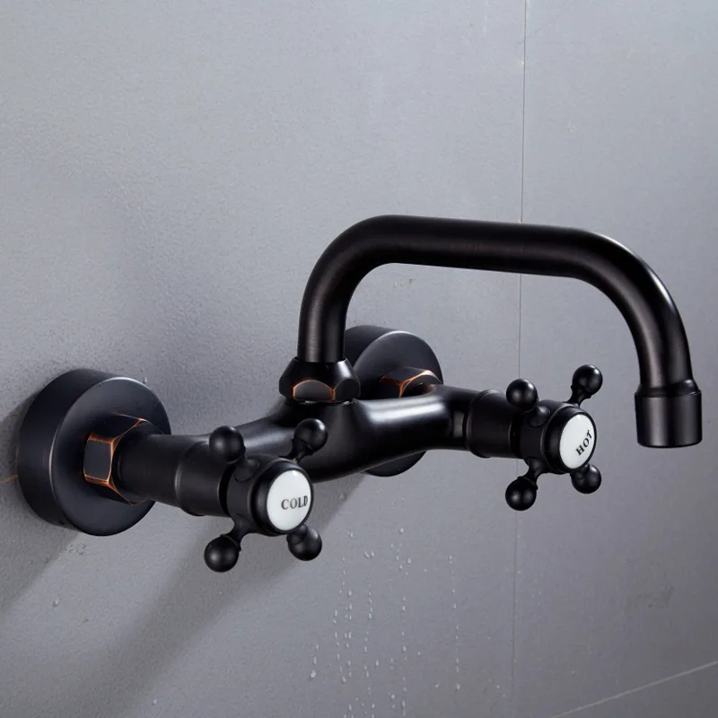 

Oil Rubbed Bronze Bathroom Faucet Cold Hot Water Mixer Tap Dual Handle Sink Tap 360 Degree Rotation Kitchen Sink Faucet