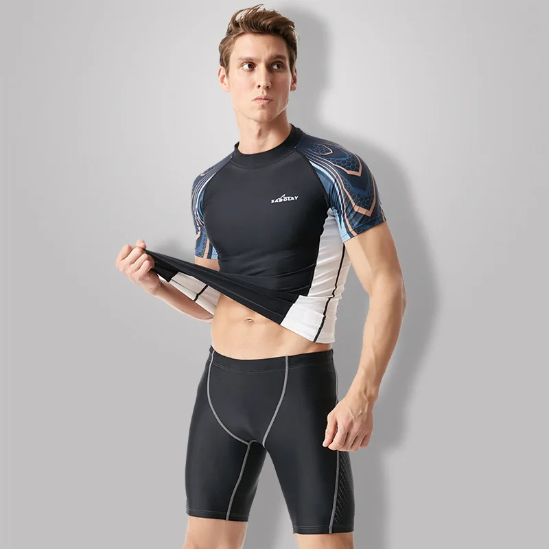 L-5XL Plus Size Surfing Swim Shirt Men Rash Guard Swimwear Rashguard Fast Dry Short Sleeve Swimsuit Swimming Sailing Diving Suit