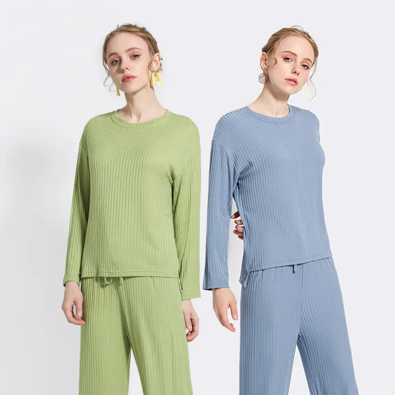 

2020 Spring New Style PURE Cotton Pajamas WOMEN'S Suit Thread Long Sleeve Crew Neck Loose Pants Cotton Tracksuit Two-Piece Set