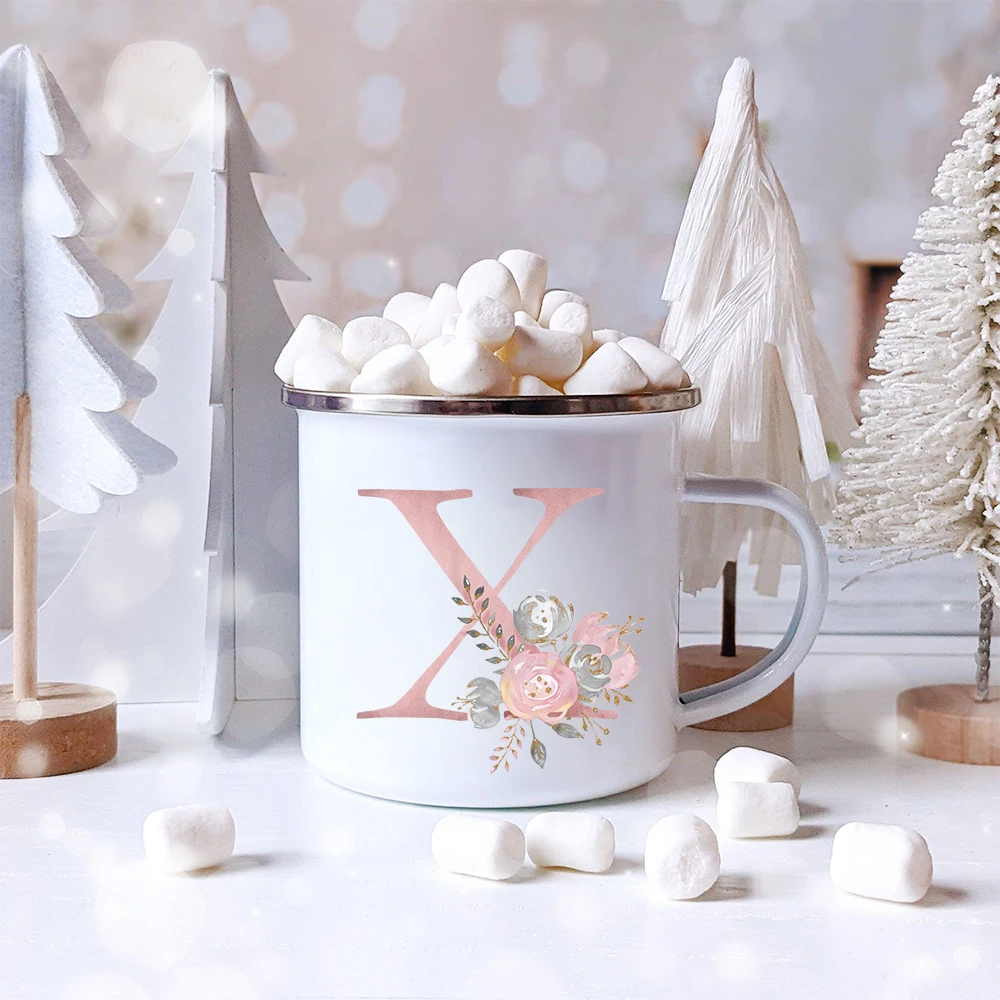 Coffee cup glass coffee mug ceramic mug ceramic coffee cup custom mug Pink Letter Flowers Enamel Coffee Mugs Bridal Party Creative Drinks Coffee Juice Milk Cups With Handle Water Mug Wedding Gifts