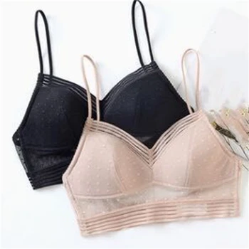 

Women Deep U Low Back Lace Bralette Thin Cup Polka Dot Bustier Top Ladies Mesh Wireless Underwear Seamless Bra Lingerie