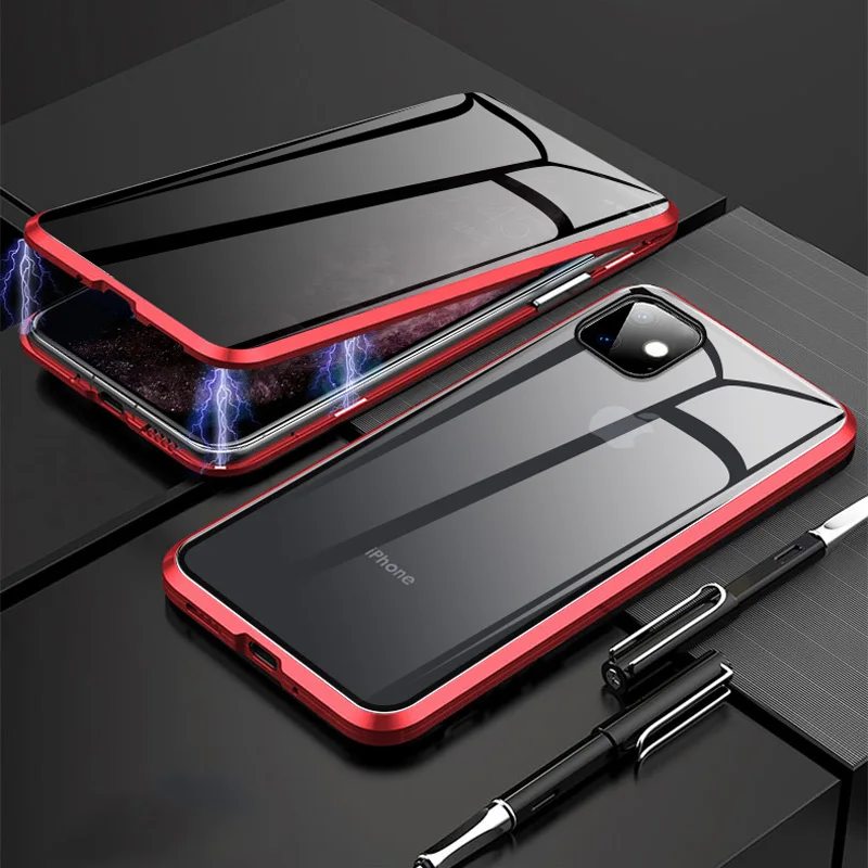 Двусторонний стеклянный чехол для iphone 11 Pro Max 360, полностью металлическая рамка, откидная крышка для iphone X Pro XR 7 8 Plus, магнитная Броня - Цвет: red