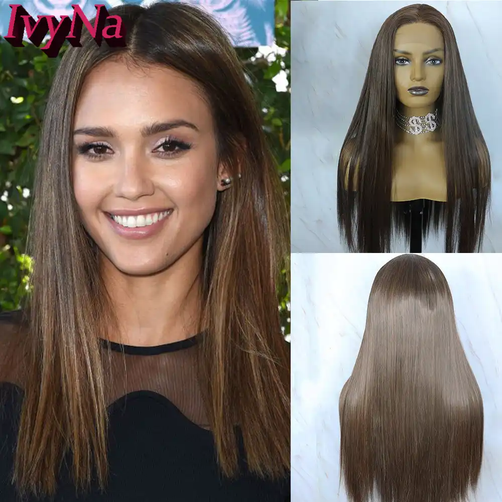 Ivynaロングストレート合成かつら黒人女性のための13x4茶色のハイライト耐熱レースフロントかつら自然生え際 Synthetic None Lace Wigs Aliexpress