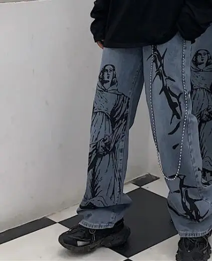 Корейский Харадзюку панк джинсовые штаны граффити принт вареные джинсы Высокая талия полная длина прямые джинсовые брюки Женская мужская одежда