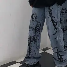 Корейский Харадзюку панк джинсовые штаны граффити принт вареные джинсы Высокая талия полная длина прямые джинсовые брюки Женская мужская одежда