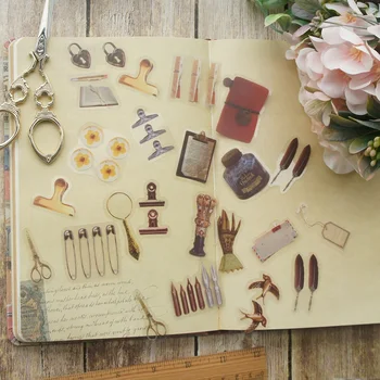 

38pcs Handmade Button Clip Feather Pen Style Transparent Sticker Scrapbooking DIY Gift Packing Label Gift Decoration Tag