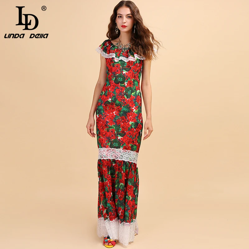LD LINDA DELLA Fashion Runway Summer Maxi Long Dress Women's Lace Ruffles Floral Print Elegant Holiday Mermaid Party Dress Gown
