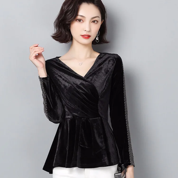 

Hot Selling Early Autumn Korean-style Gold Velvet Early Autumn Women's Fashion Tops Light sy Gas Versatile Slim Fit Waist Huggin