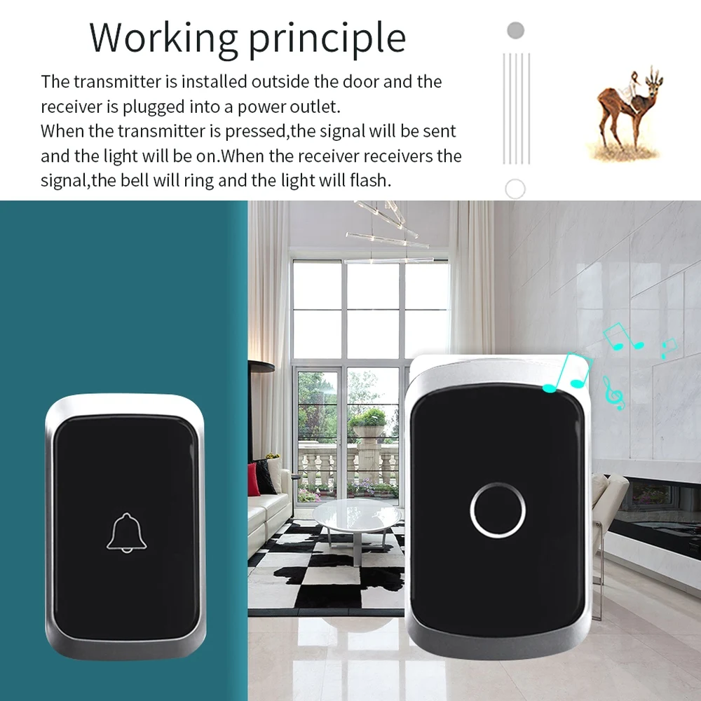 Waterproof Wireless Doorbell EU Plug Smart Remote control  Door Bell  Jingle Rings with battery AC 100V-240V