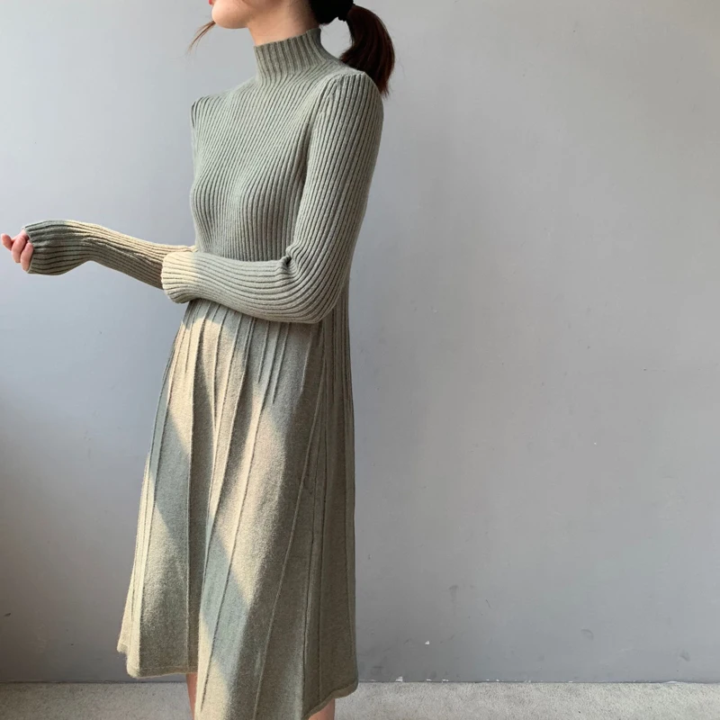 RZIV women sweater dress casual solid color high-necked long-sleeved knitted dress