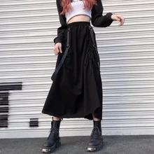 Юбки с высокой талией, черные, корейский стиль, осень, хит, до середины икры, одноцветные, прямые, сафари, Империя, faldas mujer moda, женская одежда ins