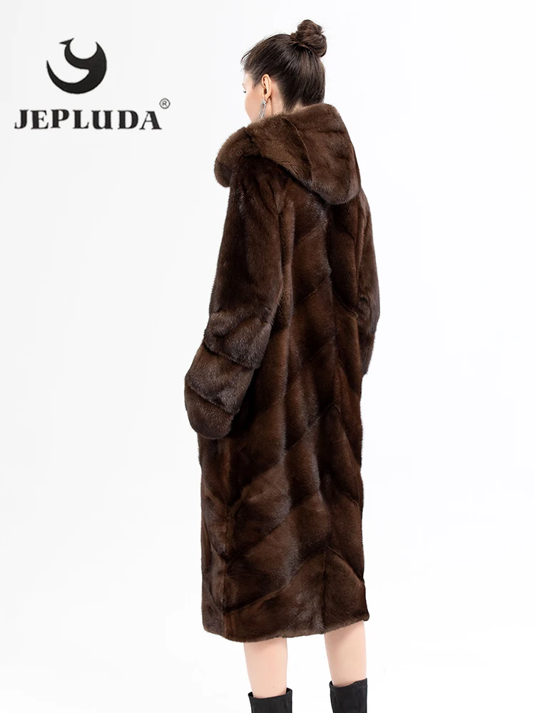Jepluda 고급스러운 리얼 모피 코트 여성 소프트 따뜻한 풀 펠트 자연 여성 밍크 길게 후드 겨울 자켓 여성 리얼 모피 자켓