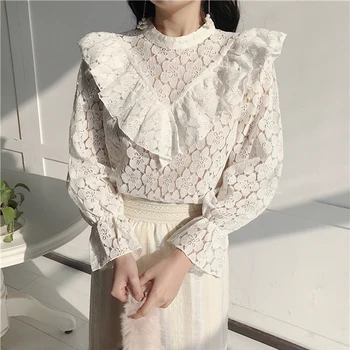 

Sexy White Lace Flower Ruffles Blouse Shirt Hollow-out Mesh Transparent Blouse Blusas Women Long Sleeve Blouse Tops feminino