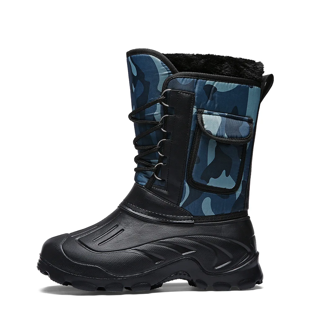 Мужские ботинки для рыбалки; охотничьи дождевые ботинки с мехом внутри; водонепроницаемые камуфляжные зимние мужские ботинки до середины икры; теплые мужские зимние ботинки; - Цвет: black blue
