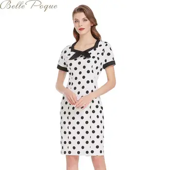 

Belle Poque Polka Dots Dress Vintage Pencil Dress Summer Bow Short Sleeve Cotton Dress Women Casual Dresses