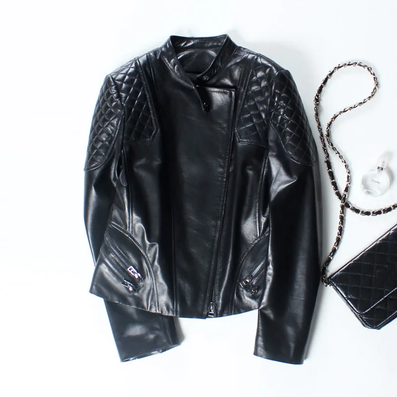 

Autumn Genuine Leather Jacket Women Sheepskin Coat Plus Size Black Pink Red Short Ladies Coat Cropped Punk Female Bomber Jacket