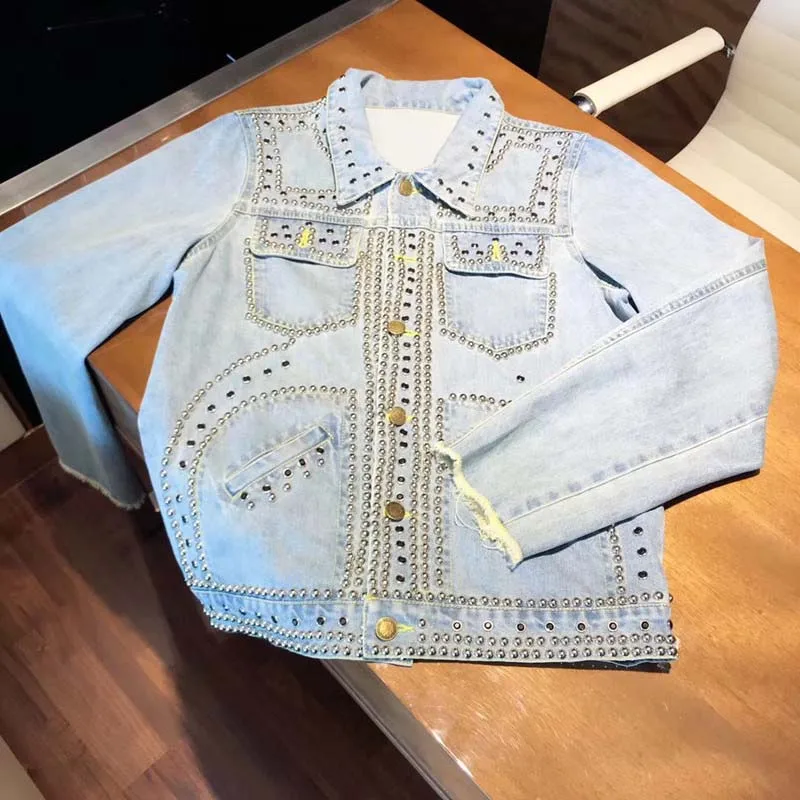 KIOVNO Men Punk Rivet Denim Jackets With Rhinestone Fashion Style Jeans Jackets Outwear Male Multi Pockets Size S-4XL (18)