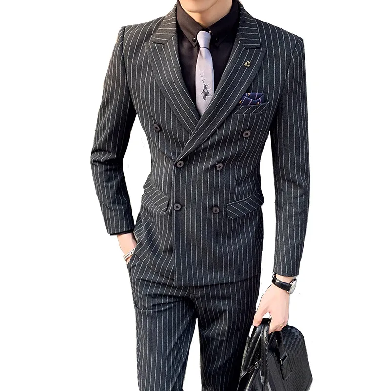 Костюм в полоску со штанами мужские Британский стиль модный бутик Slim Fit вечерние