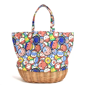 

Smiley owl canvas stitching straw bag portable ins parent-child rattan bag child mommy bag