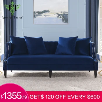 

Jennifer Taylor Caroline Tufted Recessed Arm Tuxedo Sofa Navy Blue Hand Tufts Along The Back And Hand Applied Nail Head Trims