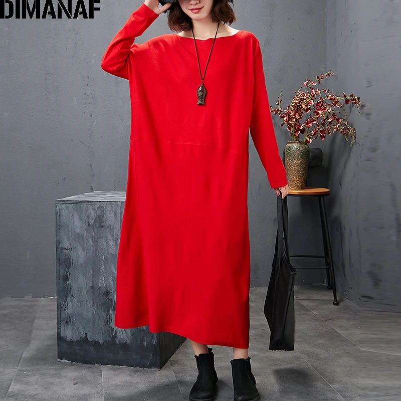 DIMANAF женское платье большого размера вязанное зимнее плотное с длинным рукавом Женская Повседневная свободная леди Vestidos одноцветное платье-свитер одежда