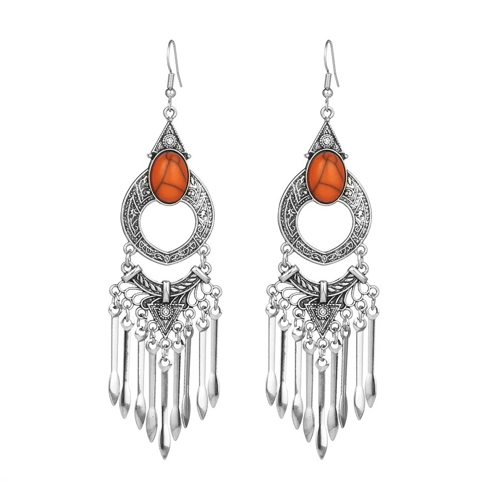Tassel earring-3 Богемия Длинные Серебряные Золотые Серьги Кисточкой Бахрома для Женщин Заявление Ювелирные Изделия Кристалл Акриловые Природные Камни Подвески Серьги Подарки Круглый Круг Геометрические Серьги - Окраска металла: Tassel earring-3