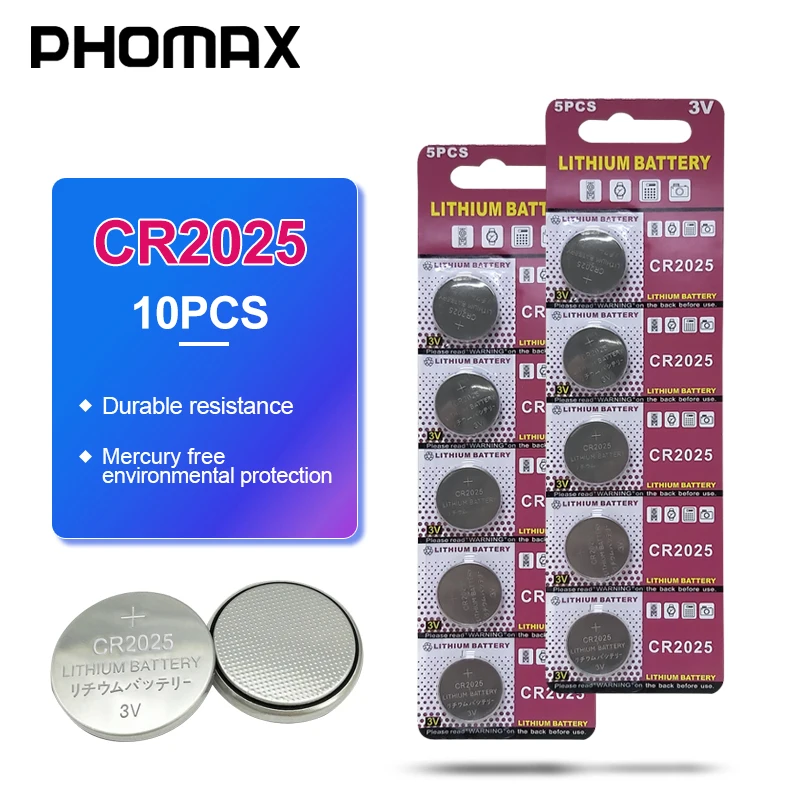 

PHOMAX 10pcs CR2025 button batteries DL2025 BR2025 KCR2025 lithium battery CR 2025remote control calculator battery camera watch