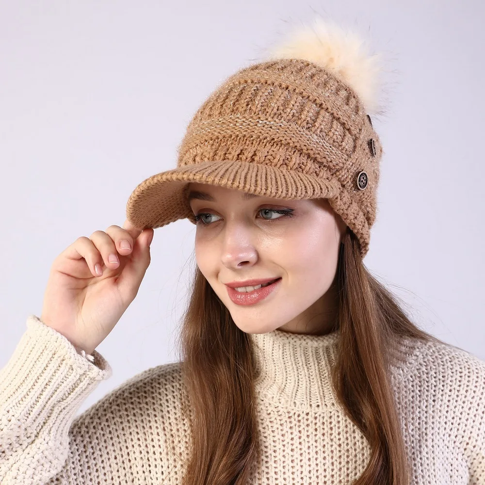Autumn And Winter Female Warm Hat Beanies Cap With Visor Women Skullies Acrylic Button Hairball Plus Velvet Warm Soft Knitting 3