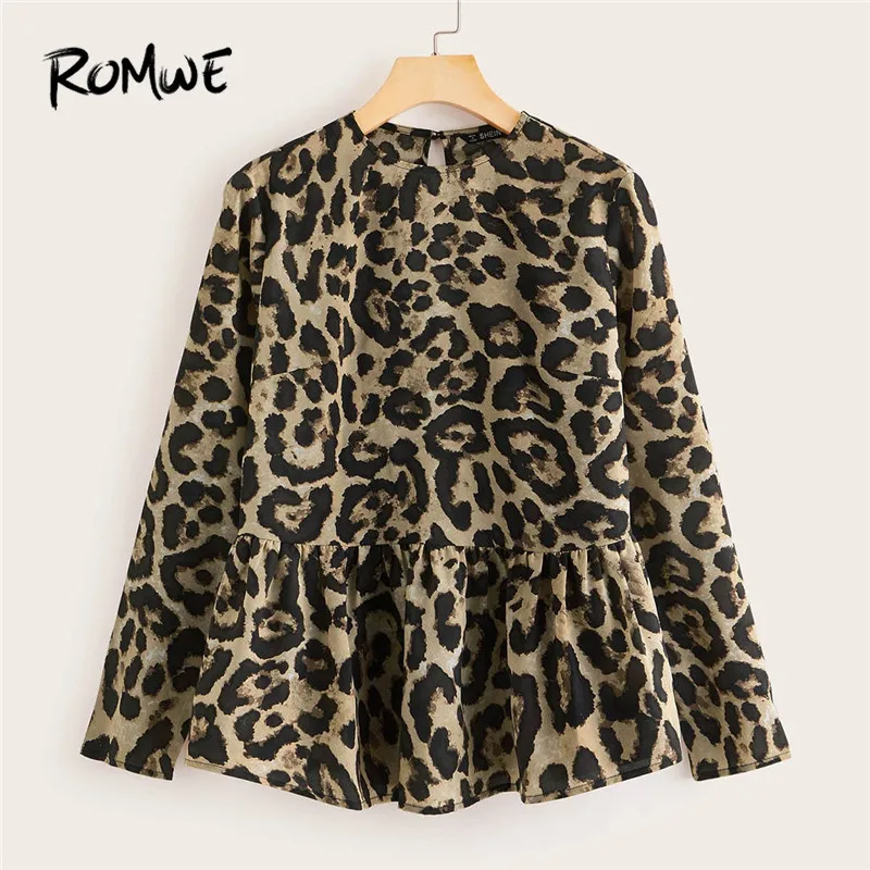 

ROMWE Leopard Print Peplum Blouse Women Round Neck Long Sleeve Tops Fall 2019 Cute Woman Clothes Button Back Ladies Top