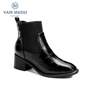 

VAIR MUDO Autumn Winter Ankle Boot Black Women Patent Leather Warm Plush Velvet High Quality Fur women Snow Boots Shoes DX92L