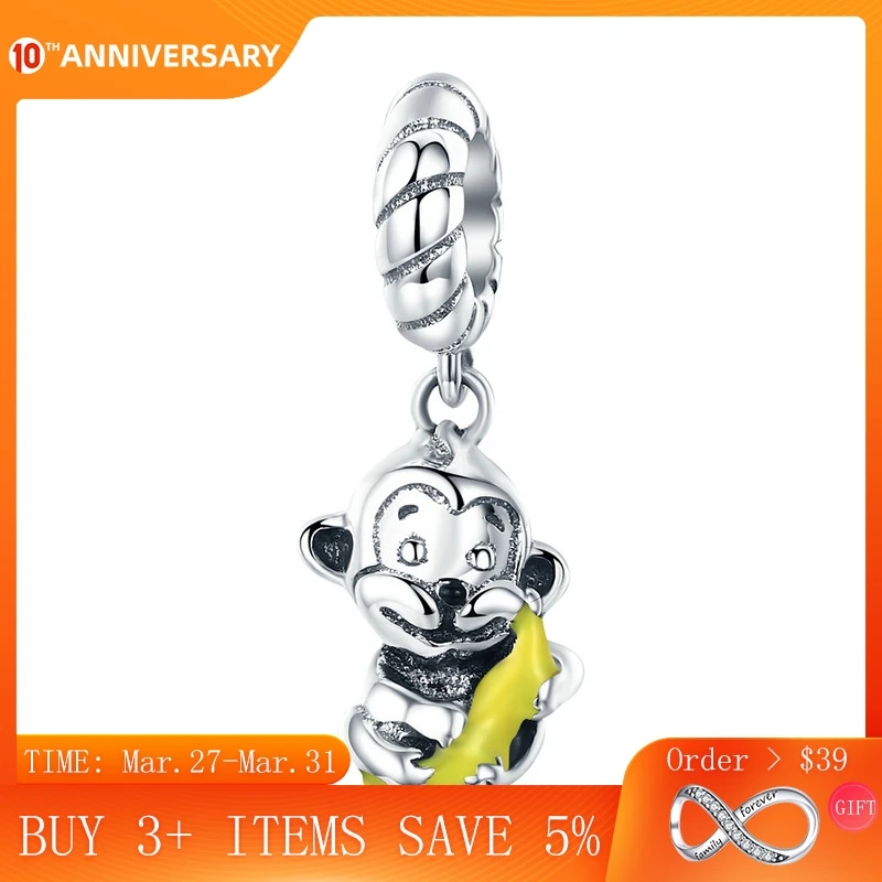 

CodeMonkey 100% 925 Sterling Silver Animal Collection Cute Monkey & Banana Love Charm fit Charm Bracelet Bangle DIY Jewelry C520