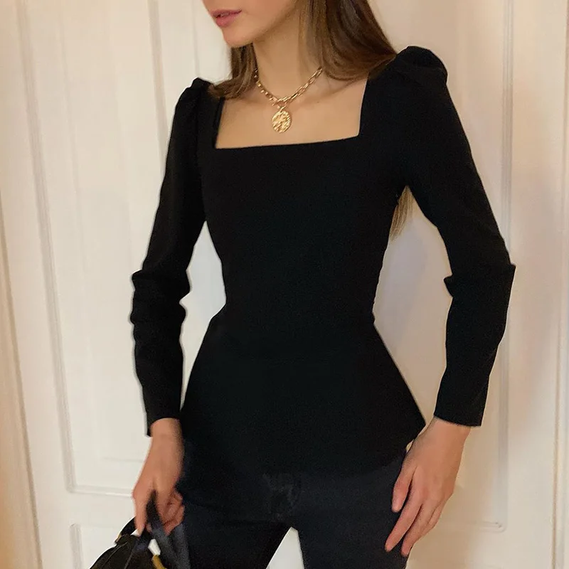 Black InstaHot черная плиссированная блузка с квадратным вырезом и подолом, повседневная Элегантная Женская приталенная рубашка с длинным рукавом, осенняя винтажная Офисная Женская рубашка - Цвет: Black