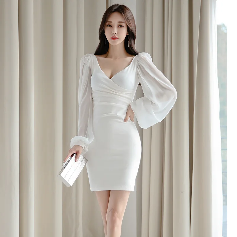 

WOMEN'S Dress 20120 Spring New Style Korean-style Ol Elegant V-neck Pleated Chiffon Long Sleeve Slim Fit Sheath Dress