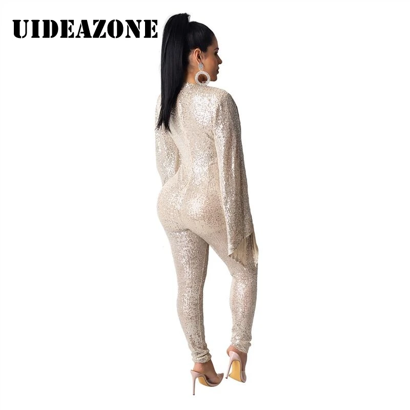 Sexy Sequin Jumpsuit Diamond Sleeve Deep V-neck Jumpsuit Romper Solid Playsuit Womens Jumpsuit Clubwear Overalls Plus Size 2XL