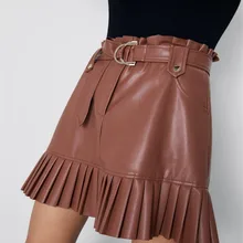SZMALL модные популярные женские мини-юбки из искусственной кожи с высокой талией женские испанские стильные кожаные юбки с поясом