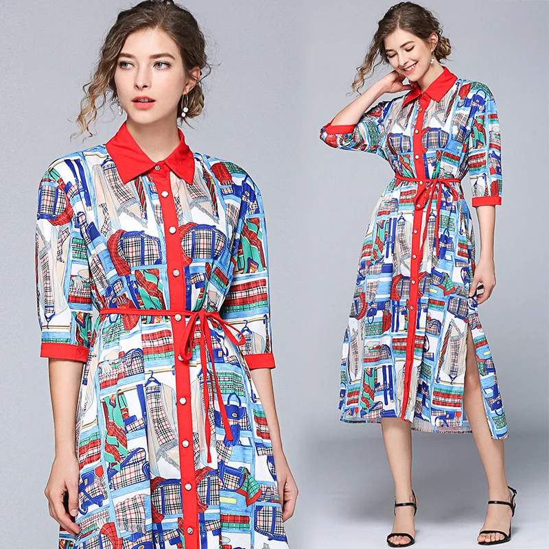 

1500 Spring And Summer New Style WOMEN'S Dress Loose-Fit Slimming Elegant Printed Irregular Mid-length Dress Women's