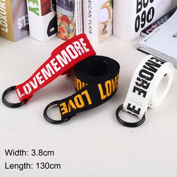 

Love Me More Women Harajuku Belt Red Letter Printed Fashion Unisex Double D Ring Canvas Strap Female Long Belts For Jeans